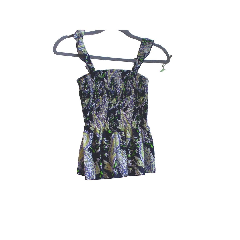 Boho Smocked Peplum Tank Top Paisley Floral Navy Green Sleeveless‎ Blouse